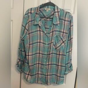 Style & Co. Aqua and Coral Plaid Shirt